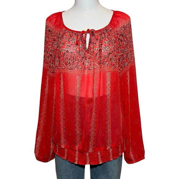Lucky Brand Tops - LUCKY BRAND  Women Top BLOUSE Size Large KEYHOLE NECK RED SEMI SHEER Peasant